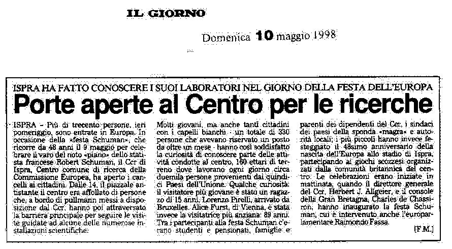 articolo comparso sul quotidiano il Giorno in data 10/05/1998 WIDTH=