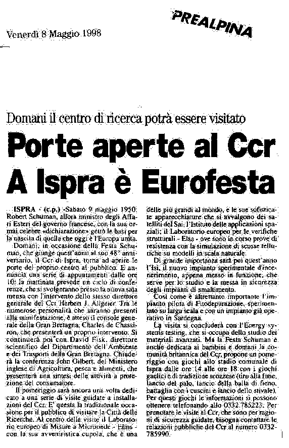 articolo tratto dal quotidiano la Prealpina in data 8/05/1998